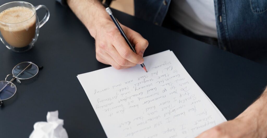une personne écrivant une lettre de motivation sur une feuille blanche